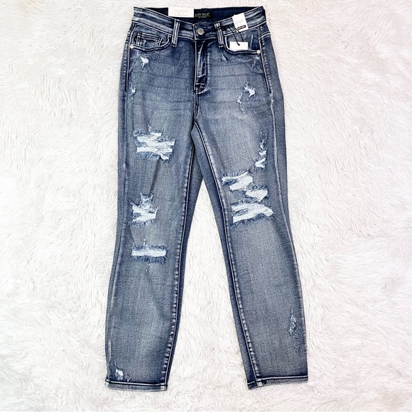 JUDY BLUE High Waist Distressed Boyfriend Fit Blue Stone Wash Jeans 1/25 NWT - Picture 3 of 13